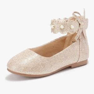PANDANINJIA Girls Dress Shoes Pearl Mary Jane Ballet Flats ~ Gold Glitter